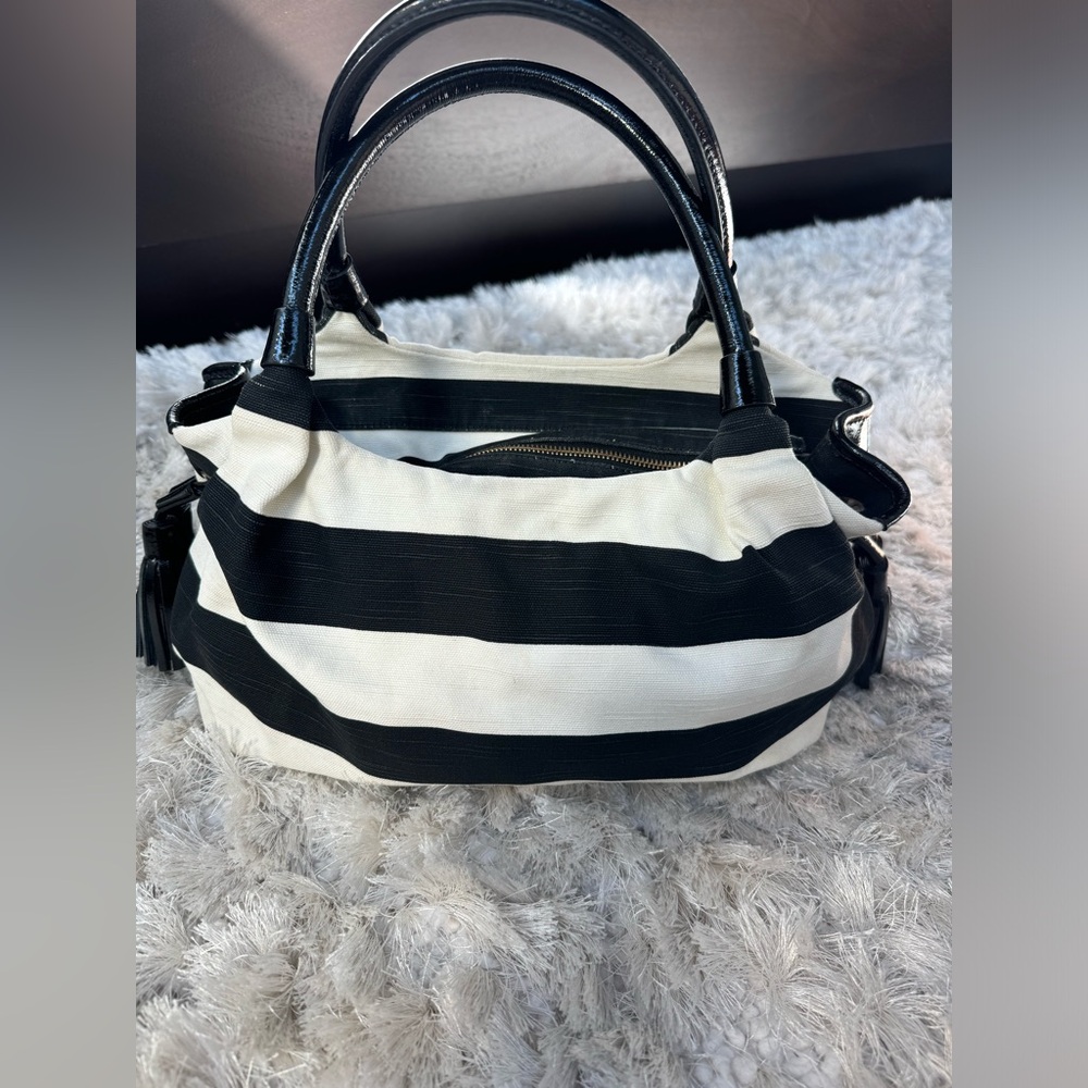 Kate Spade Black and White Stripe Canvas and Patent Leather Accents Hand Bag - Picture 3 of 11